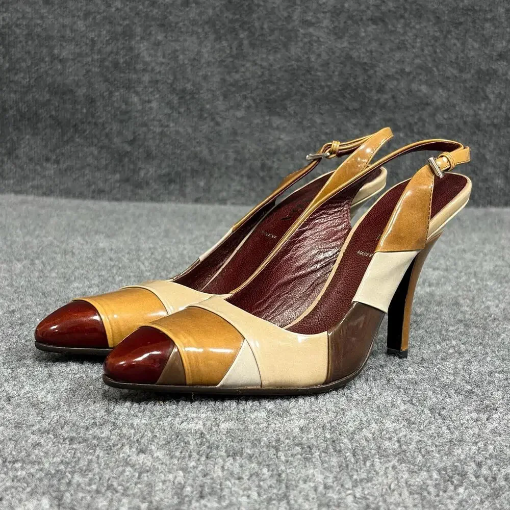 PRADA Shoes Womens 6 Multicolor Patchwork Slingback Heels Warm Toned Italy